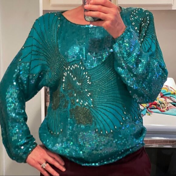 Turquoise beaded sequined blouse   - Picture 2 of 9